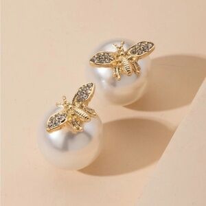 Gold Faux Pearl Bee Earrings